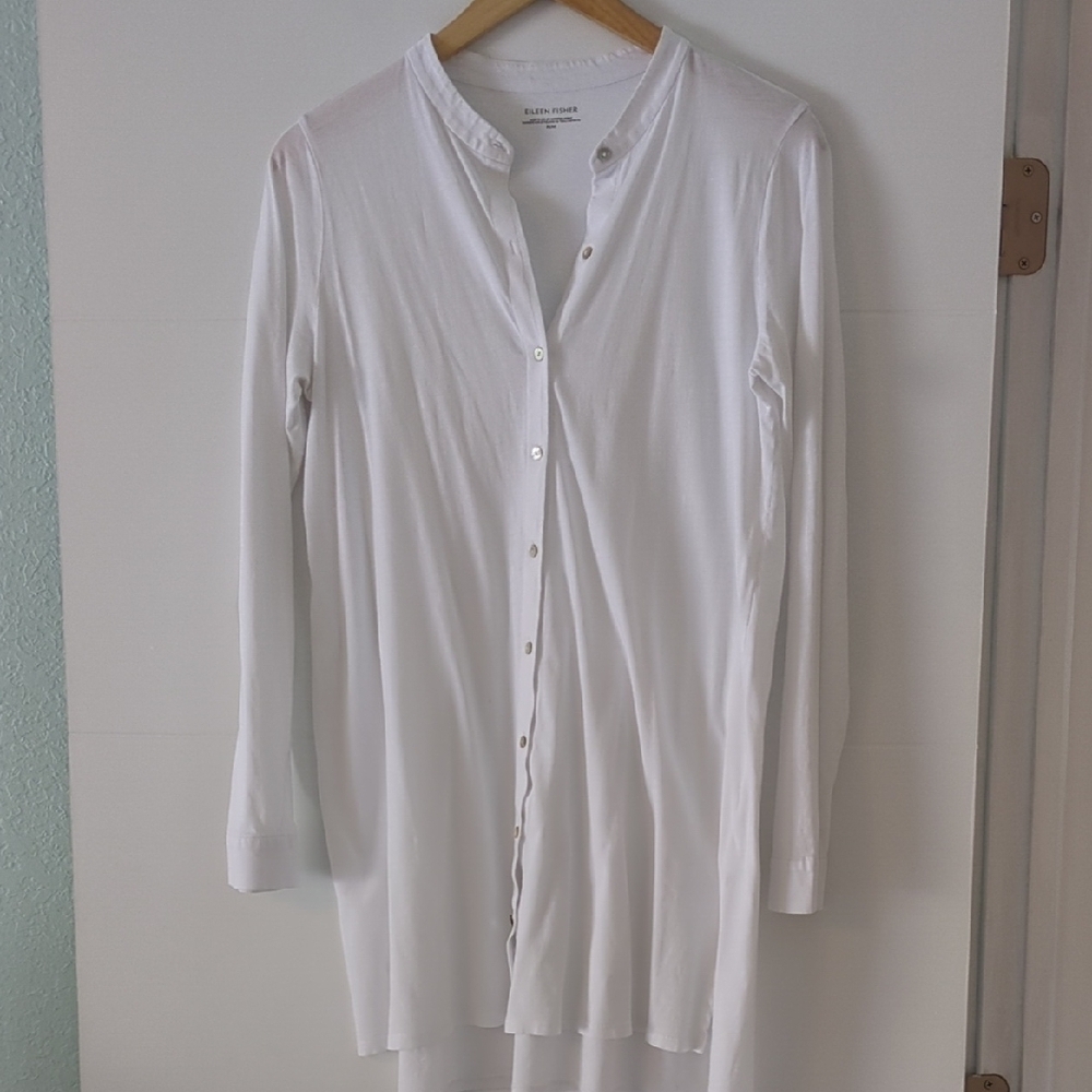 Eileen Fisher Classic White Organic Cotton Long Line Button Down Tunic Top Sz M